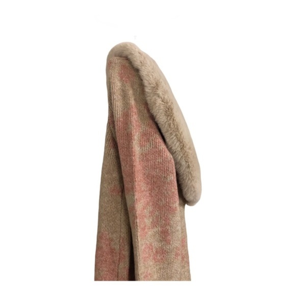 Tan & pink glam oversized faux fur collar open front long cardigan size small - Picture 7 of 14